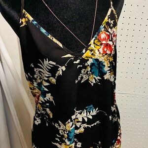 Black Floral Slip Dress with Blue, Yellow & Red Blossoms